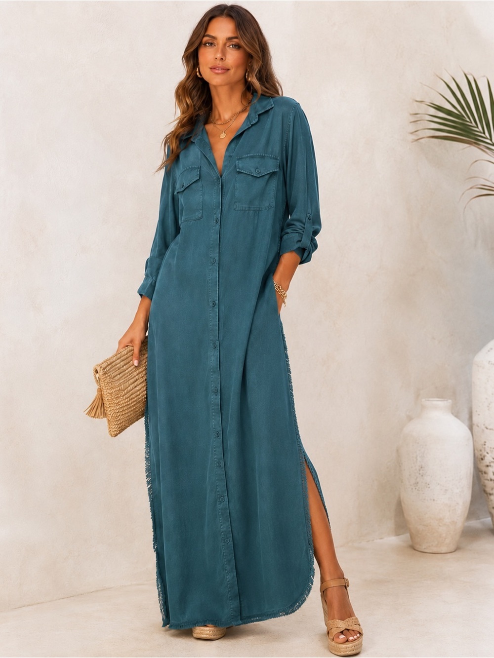 Bella Dahl Tencel Maxi Shirt Dress Teal Green Size M •